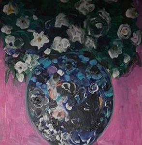 Original acrylic painting of white and teal roses in a reflective globe vase against a deep magenta background, by Monique Paré