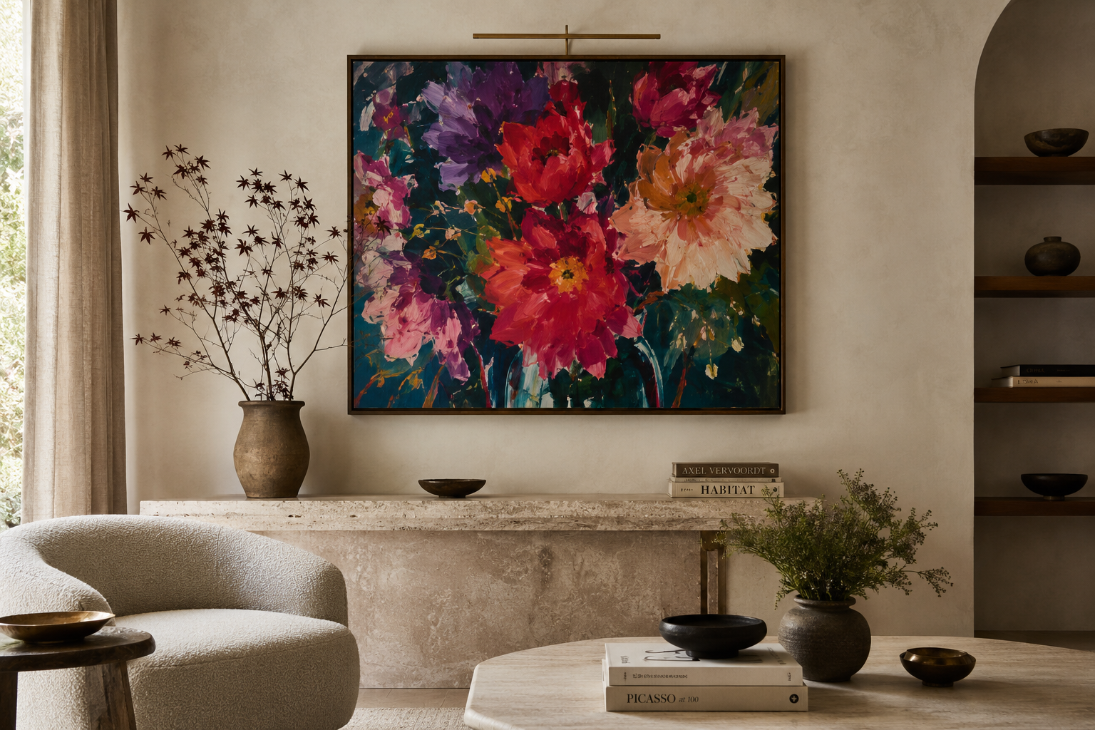 Vibrant floral oil painting in dark tones above a stone console with bouclé armchair, brass picture light, and ceramic vases