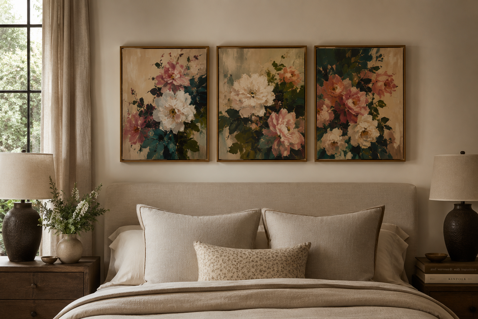 Three framed floral oil paintings above a neutral upholstered bed with ceramic lamps and wooden nightstands