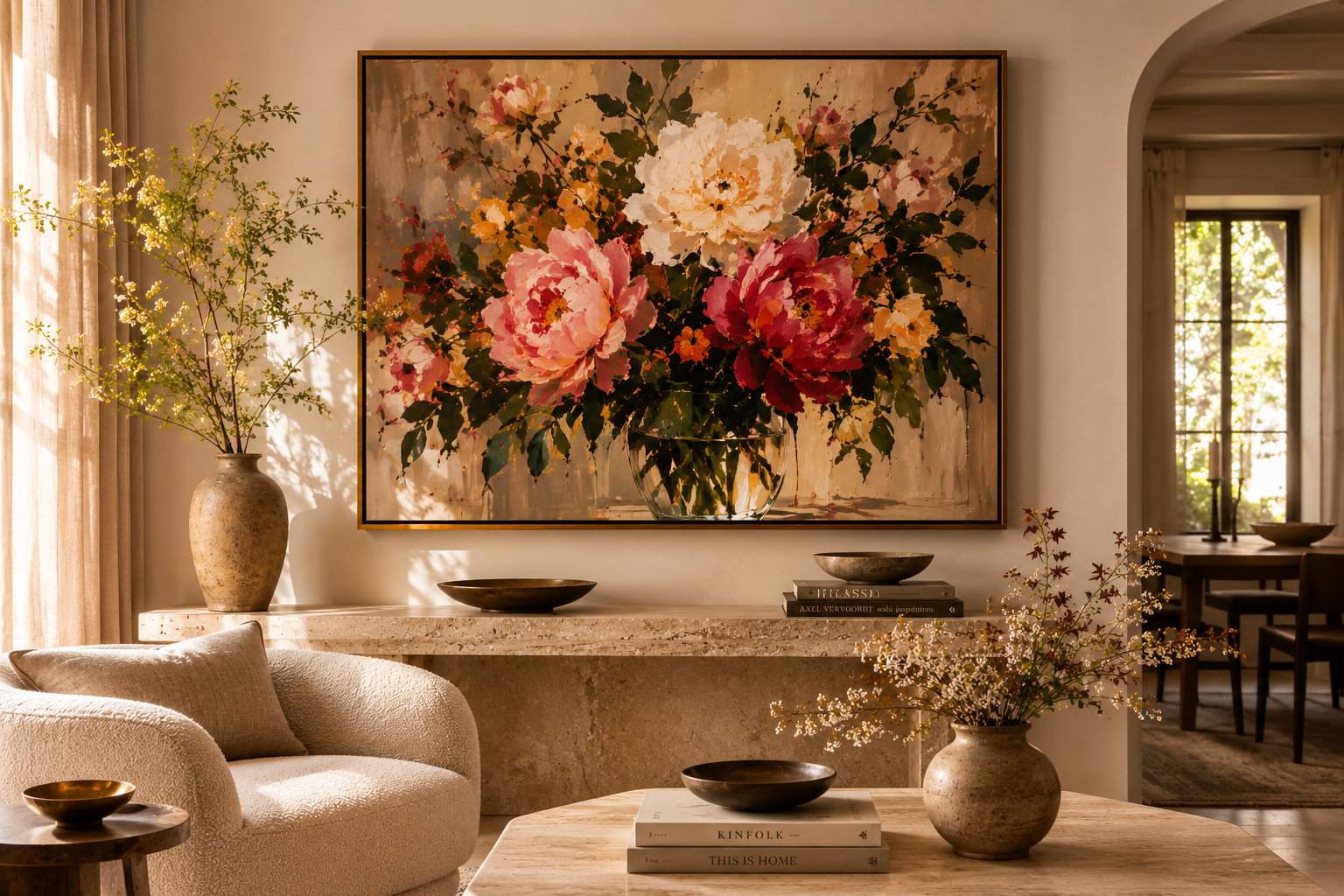 Warm living room with large floral oil painting above stone console, bouclé armchair, and earthy ceramic vases