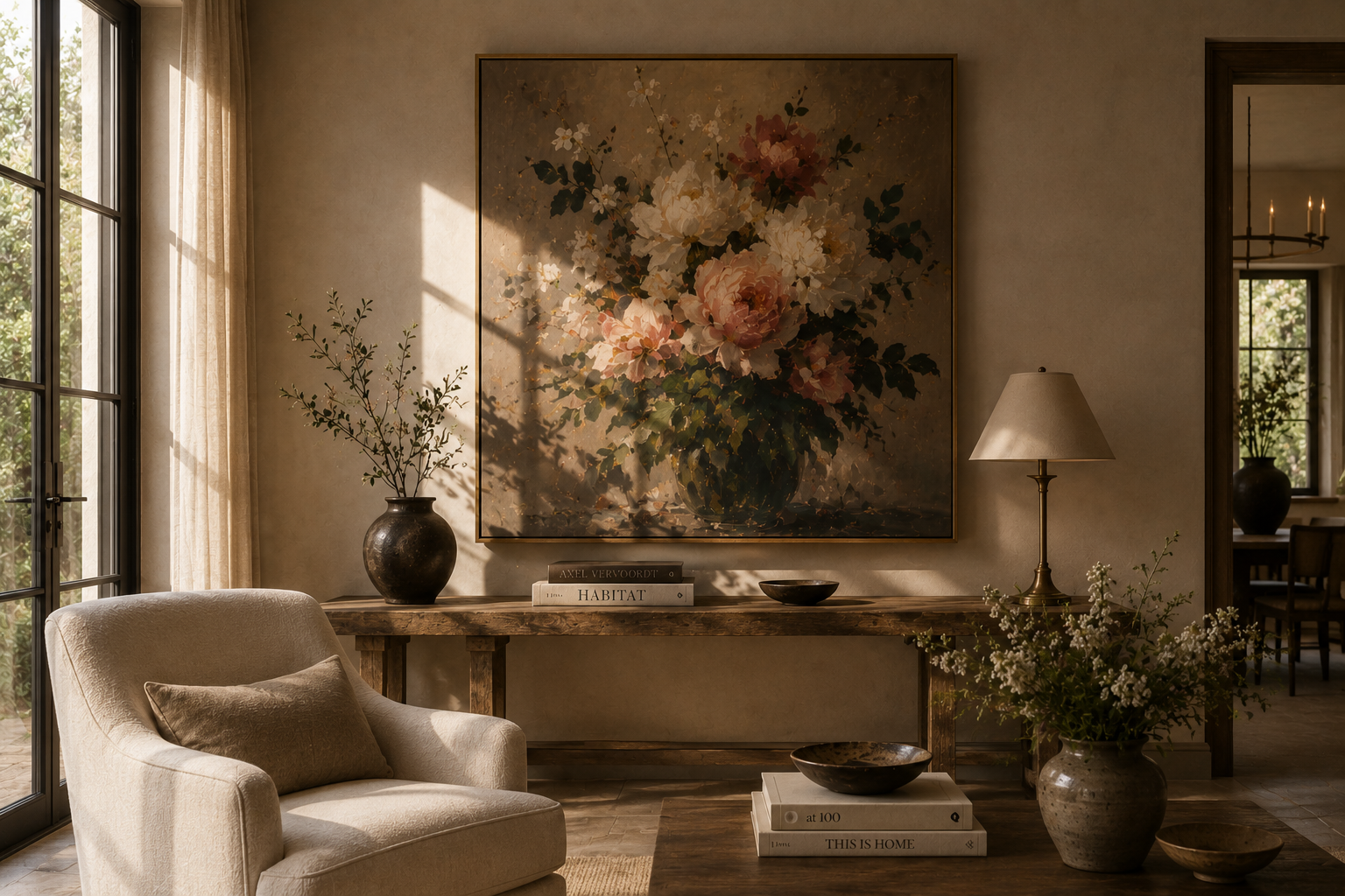 Large floral oil painting with peonies and white blooms above a rustic wooden console with a bouclé armchair, tall brass lamp, and ceramic vases in a warm earthy living room