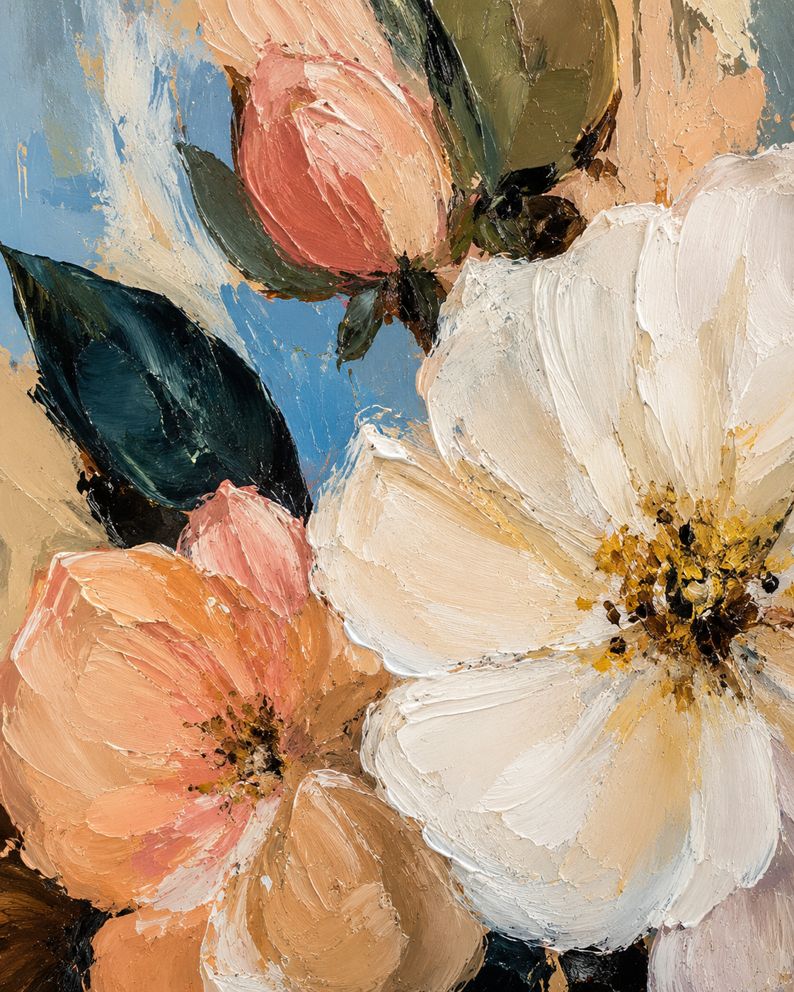 Close-up detail of abstract floral painting in impasto style