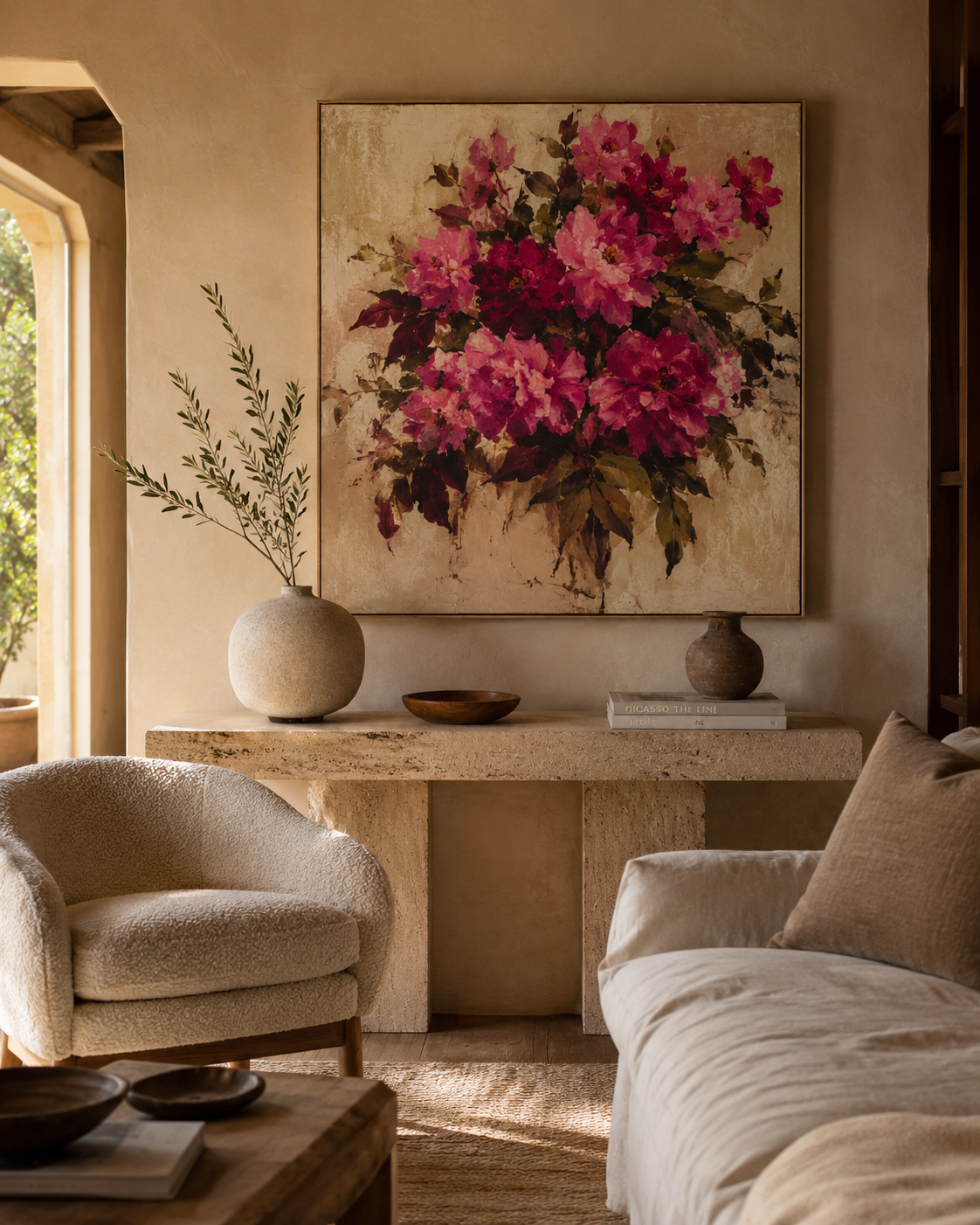 Vibrant pink floral painting in a terracotta room with arched doorway