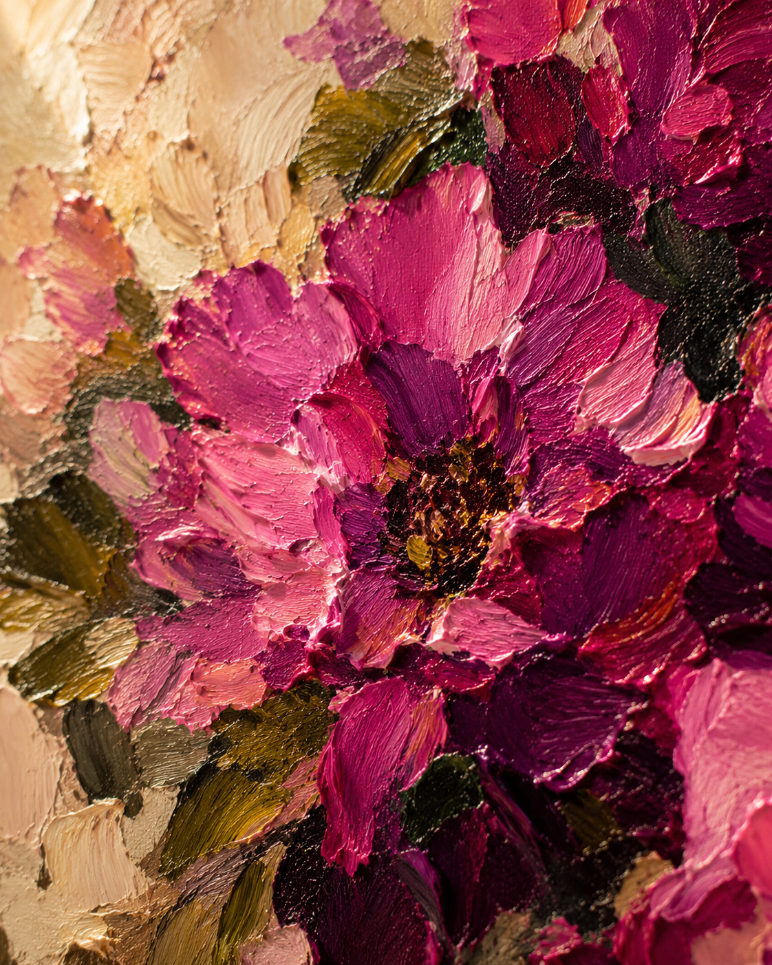 Macro detail of impasto floral painting showing texture and shadow