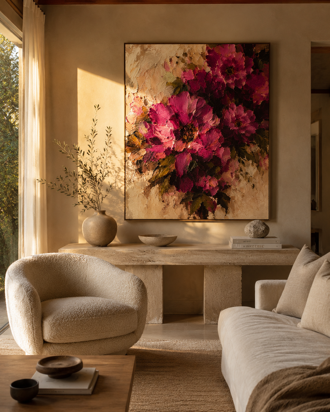 Bold floral painting leaning against a warm sunlit wall