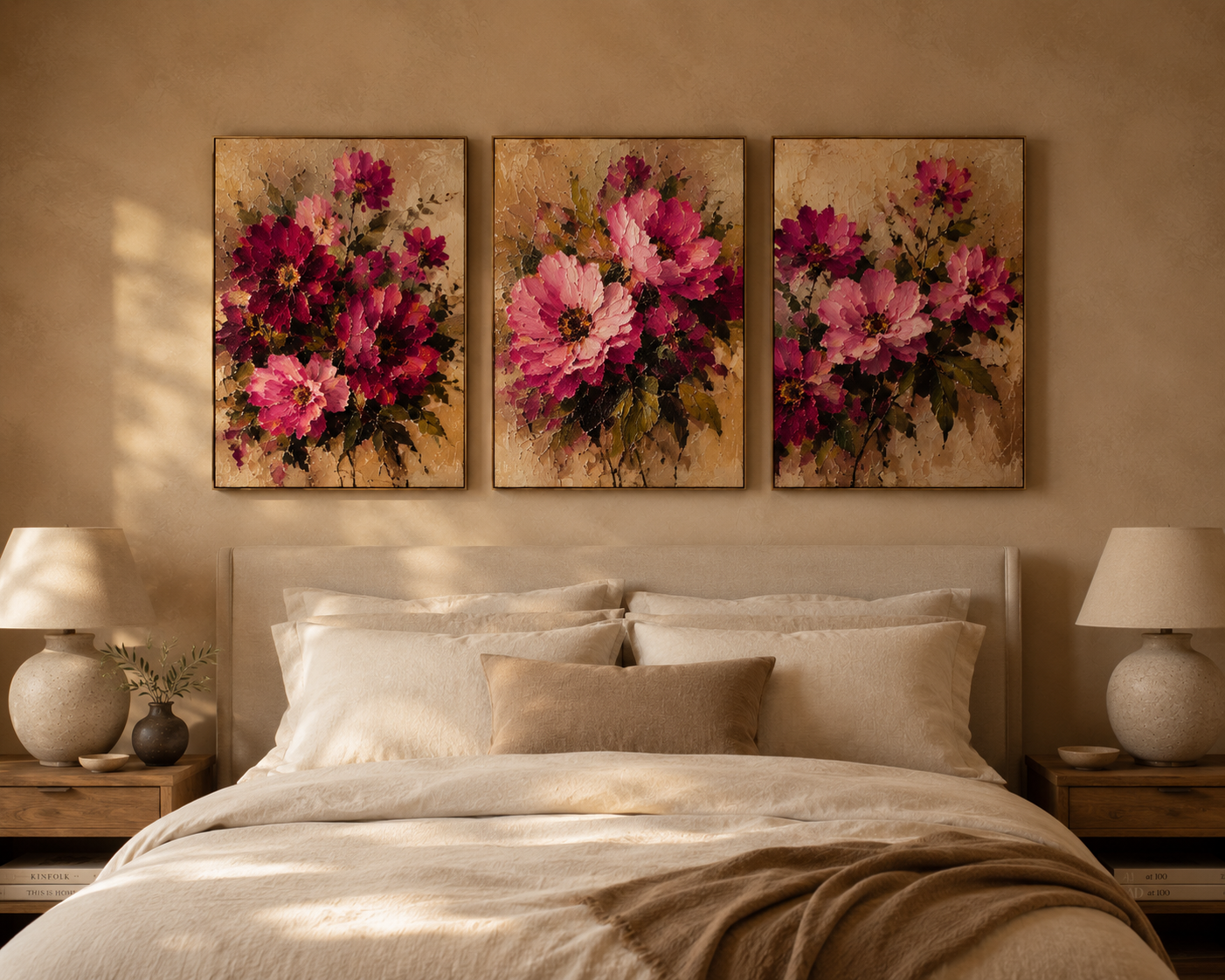 Bold floral triptych in pink and magenta