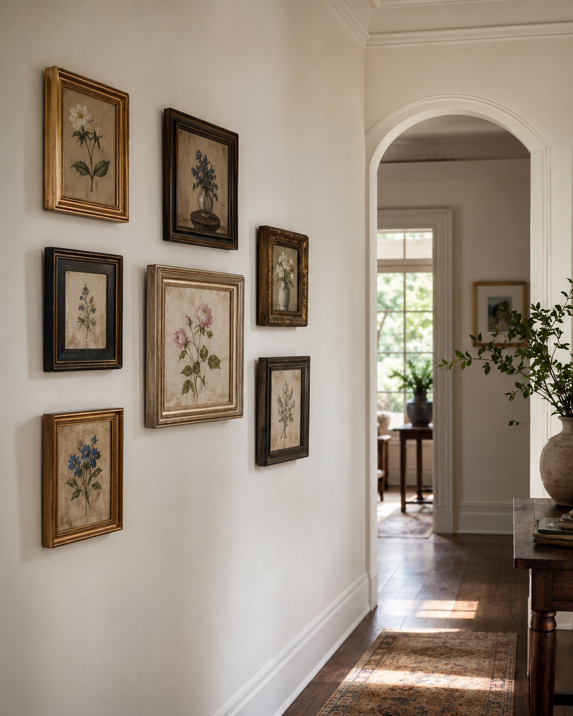 Botanical gallery wall in a sunlit hallway with arched doorway