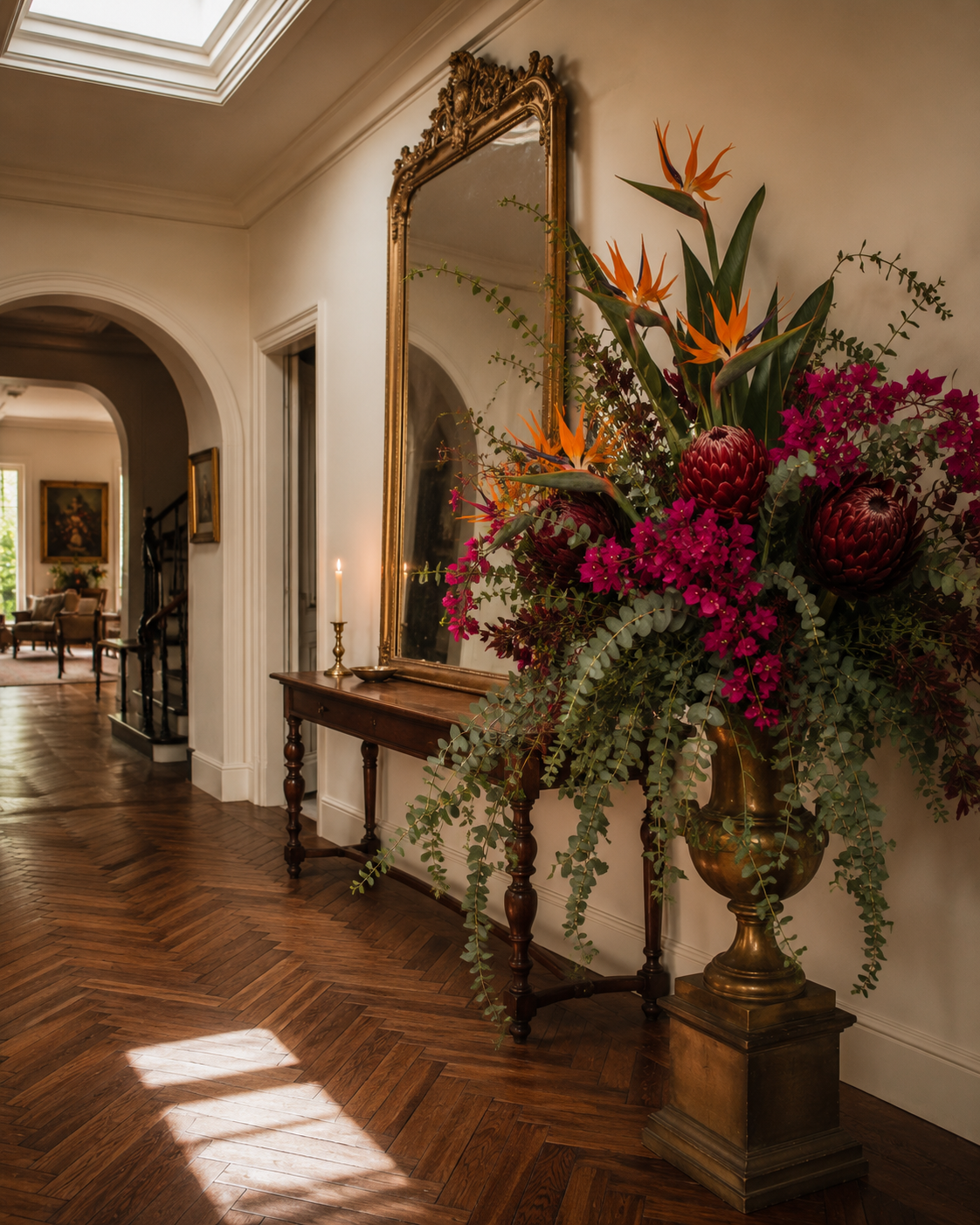 Three framed floral paintings above an upholstered bed