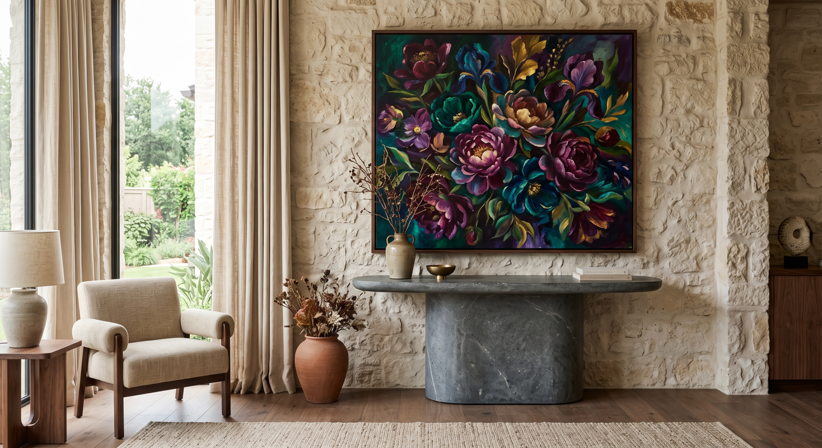 Jewel-toned floral painting in a warm living room with stone fireplace