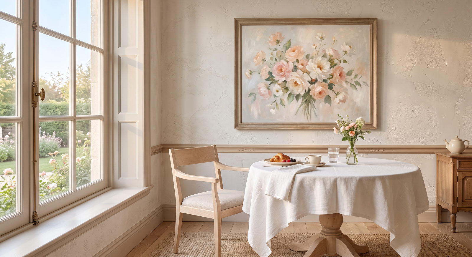 Blush peony painting in a sunlit breakfast room with French doors
