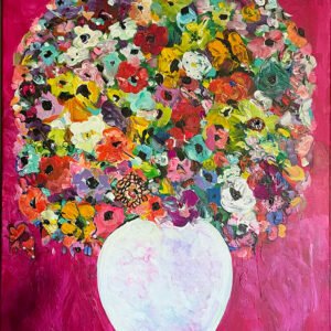 Original acrylic painting of an overflowing floral bouquet in a white vase against a vibrant magenta background by Canadian artist Monique Paré