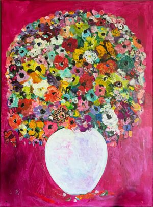 Original acrylic painting of an overflowing floral bouquet in a white vase against a vibrant magenta background by Canadian artist Monique Paré