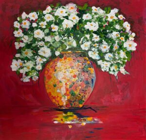 Original acrylic painting by Monique Paré depicting a bouquet of white flowers with golden stamens in a multicoloured vase against a deep crimson red background