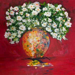 Original acrylic painting by Monique Paré depicting a bouquet of white flowers with golden stamens in a multicoloured vase against a deep crimson red background