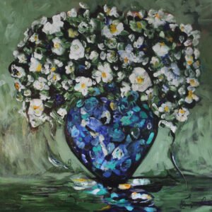 Original acrylic still life painting of white flowers in a blue and teal vase on sage green background