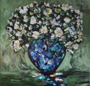 Original acrylic still life painting of white flowers in a blue and teal vase on sage green background