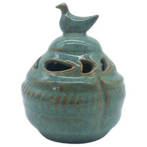 Gourd shaped ceramic incense burner in reactive sage glaze breaking to rust, with a pierced lid and bird finial
